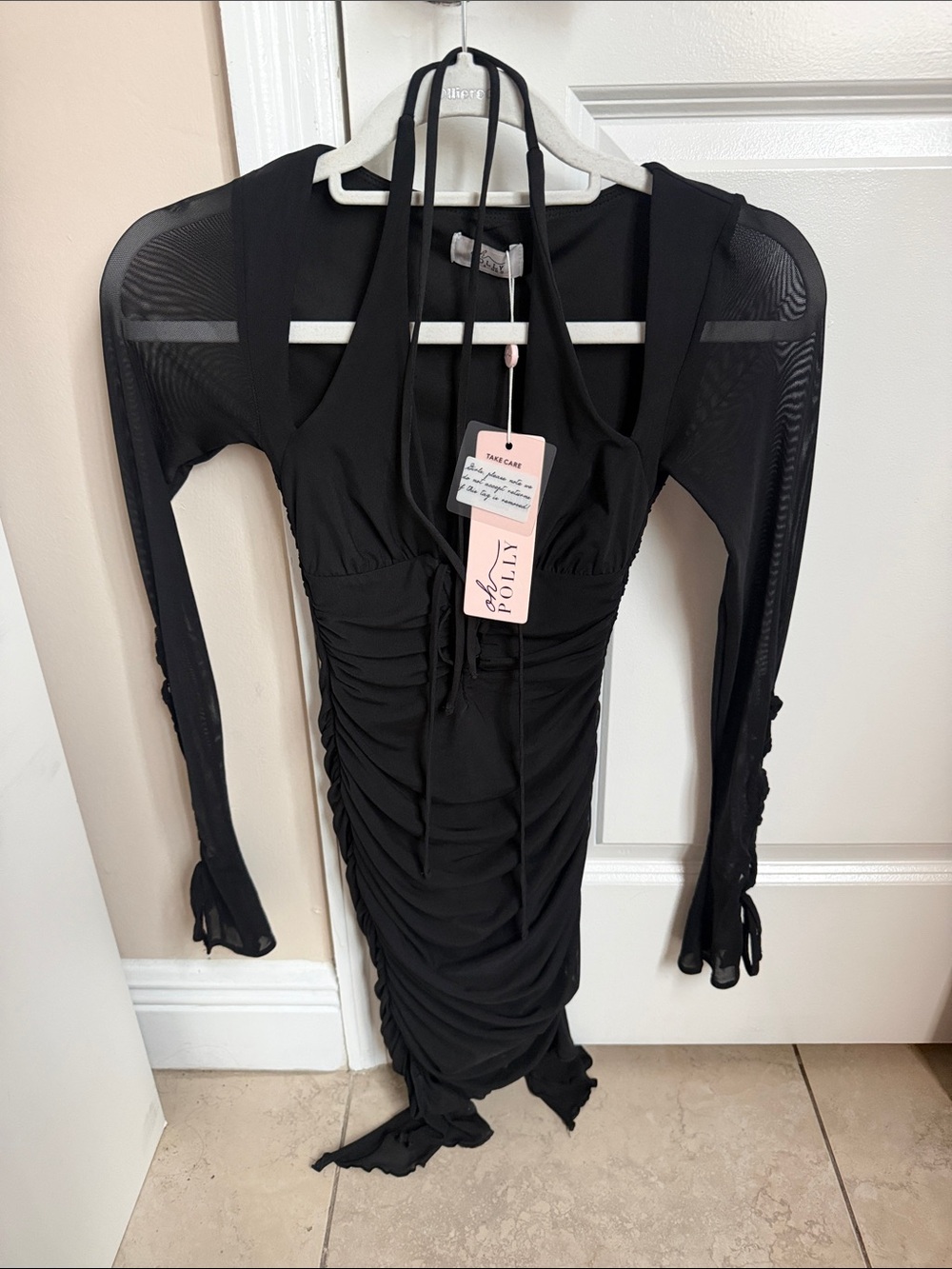 Oh Polly Black Ruched Halter Midi Dress with Sheer Long Sleeves